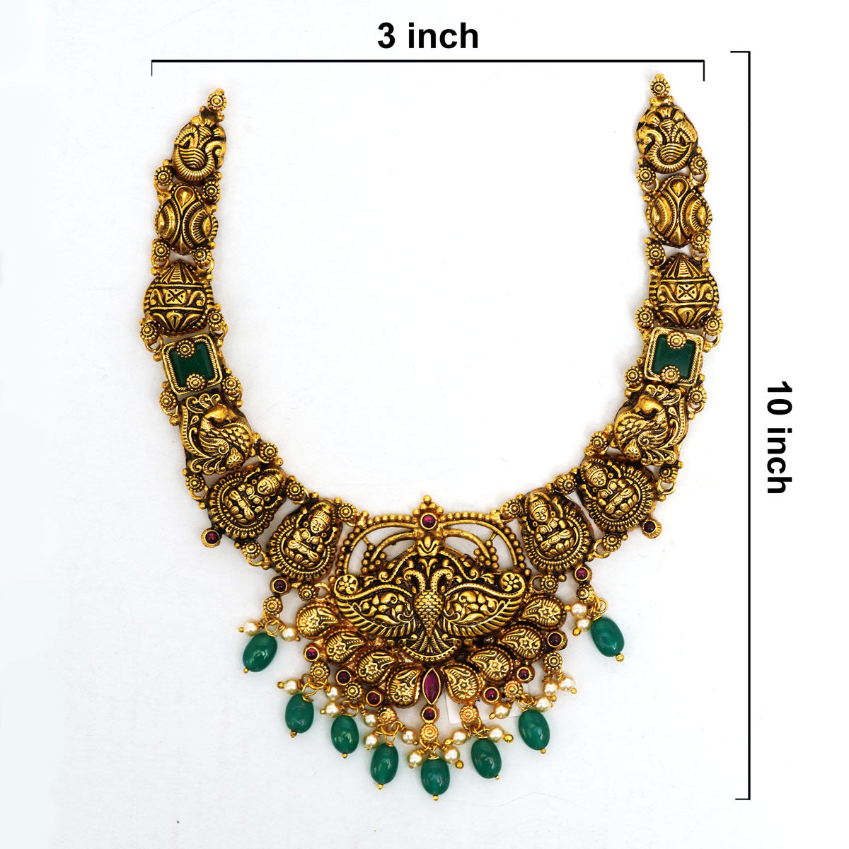 92.5 Silver Gold Plated Antique Peacock & Lakshmi Temple Necklace with Green Stones Ivanah Silver