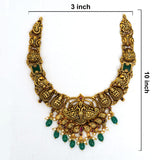 92.5 Silver Gold Plated Antique Peacock & Lakshmi Temple Necklace with Green Stones Ivanah Silver