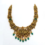 92.5 Silver Gold Plated Antique Peacock & Lakshmi Temple Necklace with Green Stones Ivanah Silver