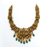92.5 Silver Gold Plated Antique Peacock & Lakshmi Temple Necklace with Green Stones Ivanah Silver
