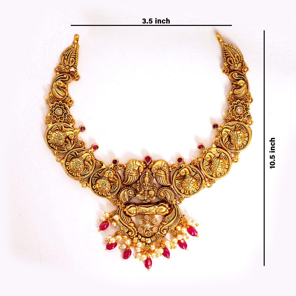 92.5 Silver Gold Plated Antique Lakshmi Necklace with Ruby Beads Ivanah Silver