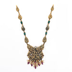 92.5 Silver Gold Plated Antique Necklace with Lord Krishna Pendant & Green Stones Ivanah Silver