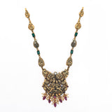 92.5 Silver Gold Plated Antique Necklace with Lord Krishna Pendant & Green Stones Ivanah Silver