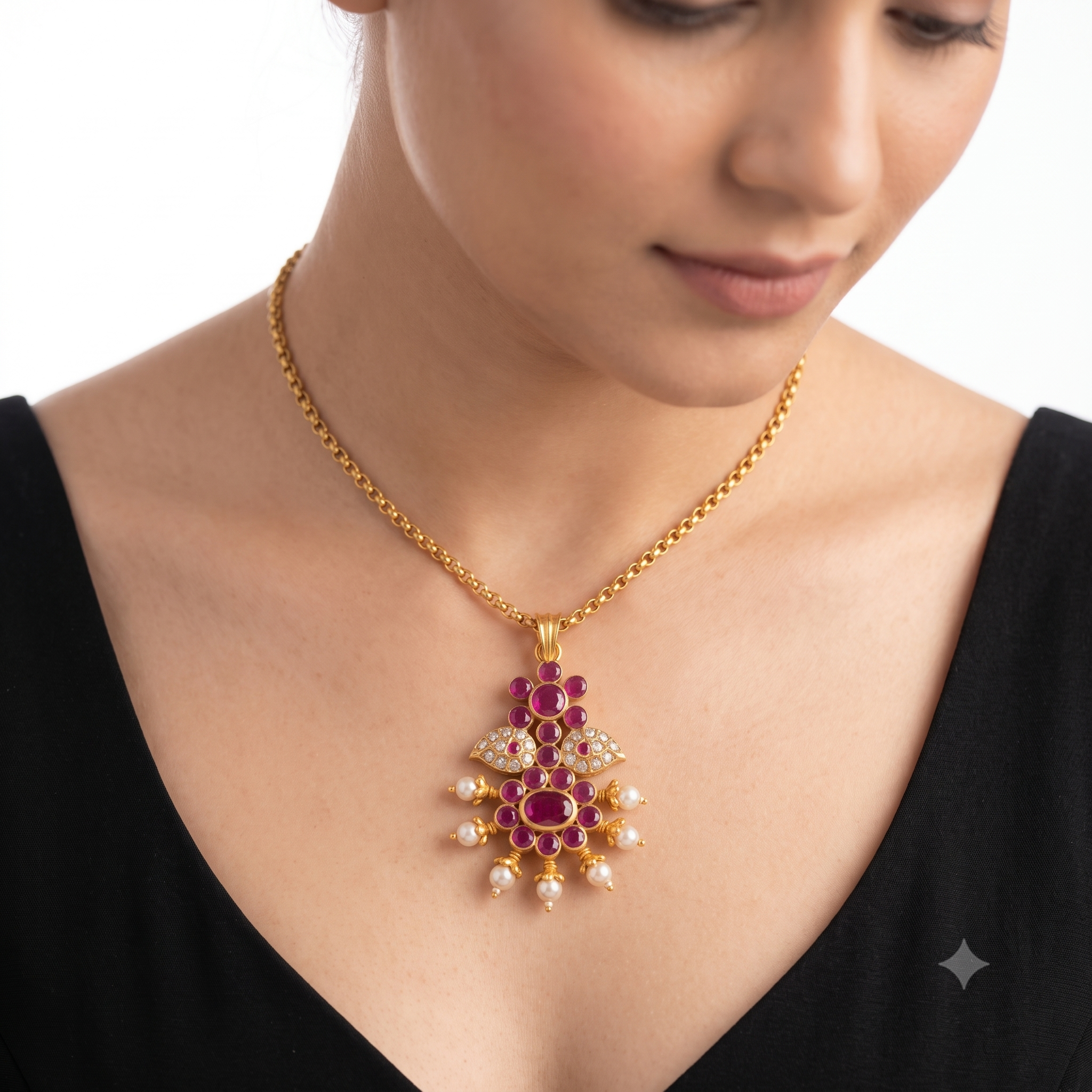 Floral Kemp Style Gold Pendant with Ruby Stones and Pearl Drops Ivanah Silver