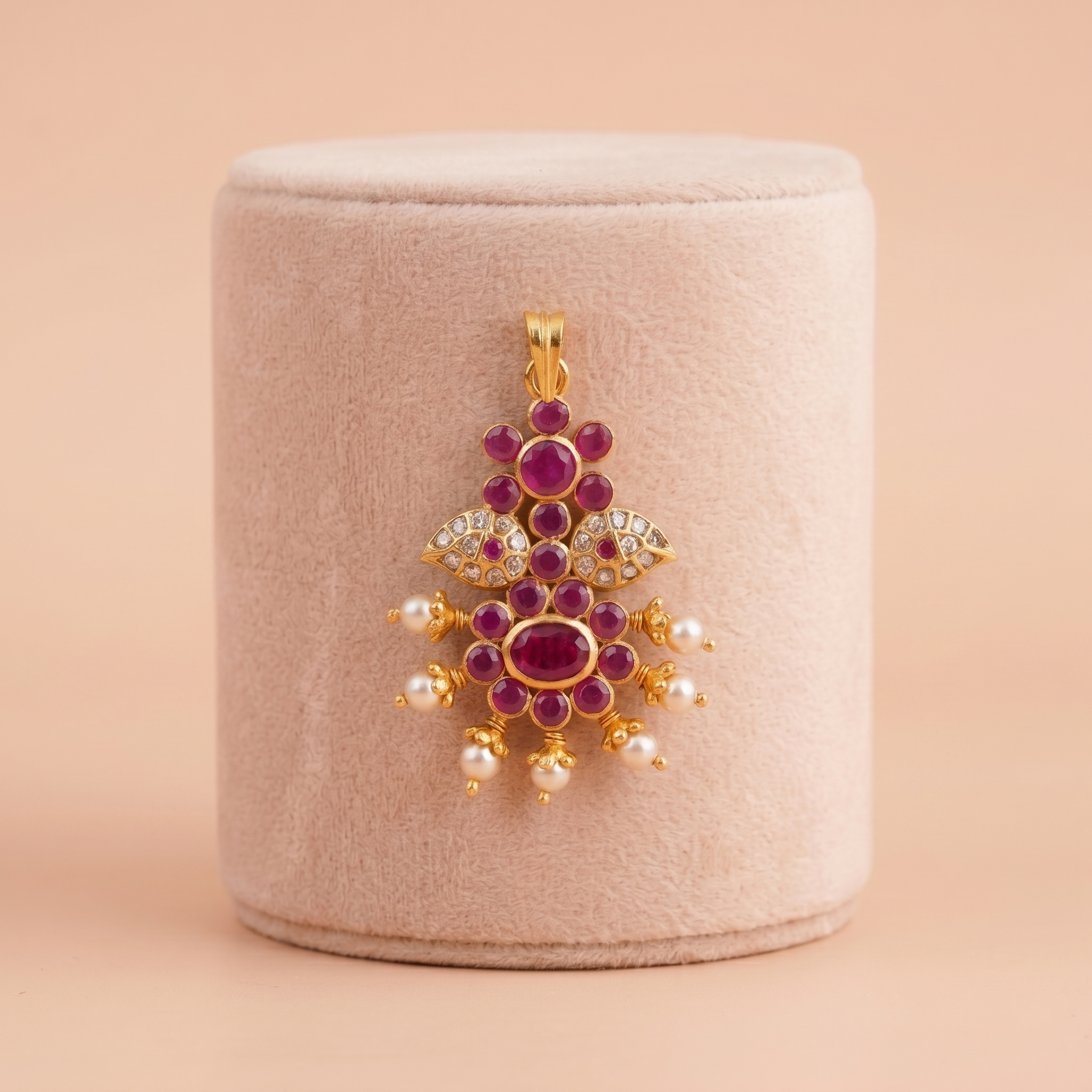 Floral Kemp Style Gold Pendant with Ruby Stones and Pearl Drops Ivanah Silver