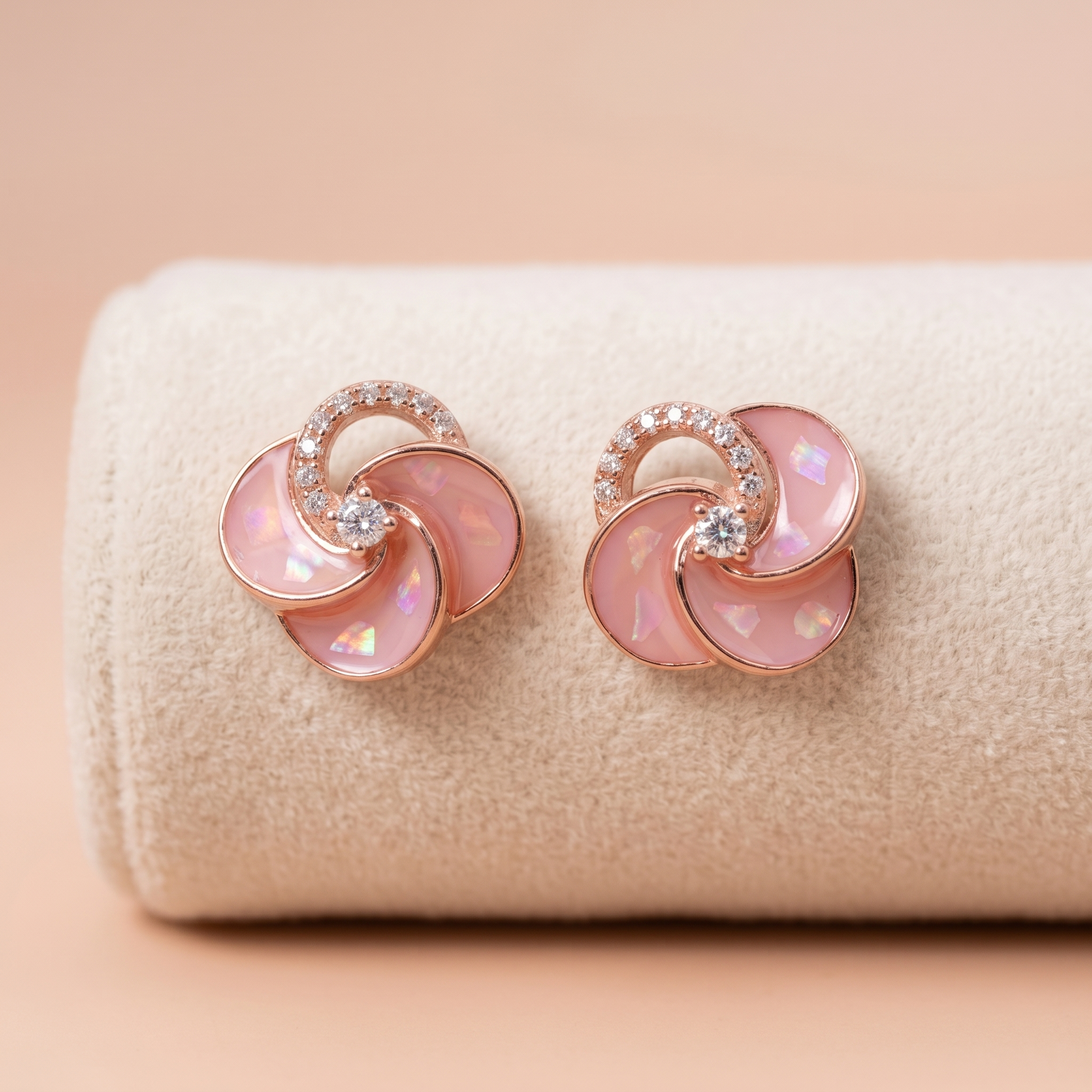 Elegant Pastel Pink Flower Stud Earrings in Rose Gold Finish Ivanah Silver