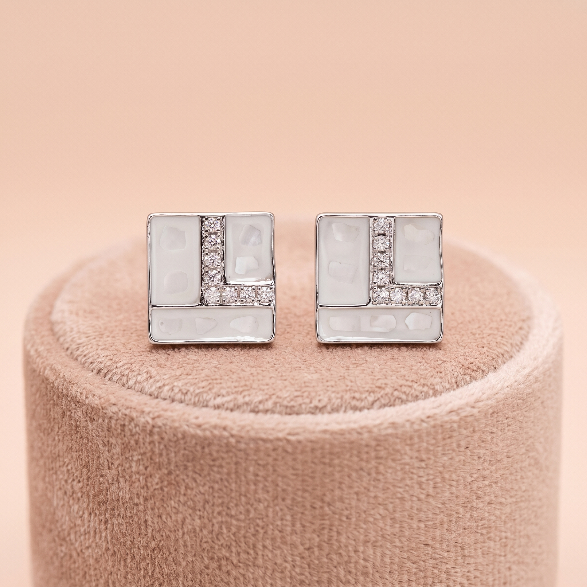 Geometric Square Mosaic Silver Stud Earrings with CZ Accents Ivanah Silver