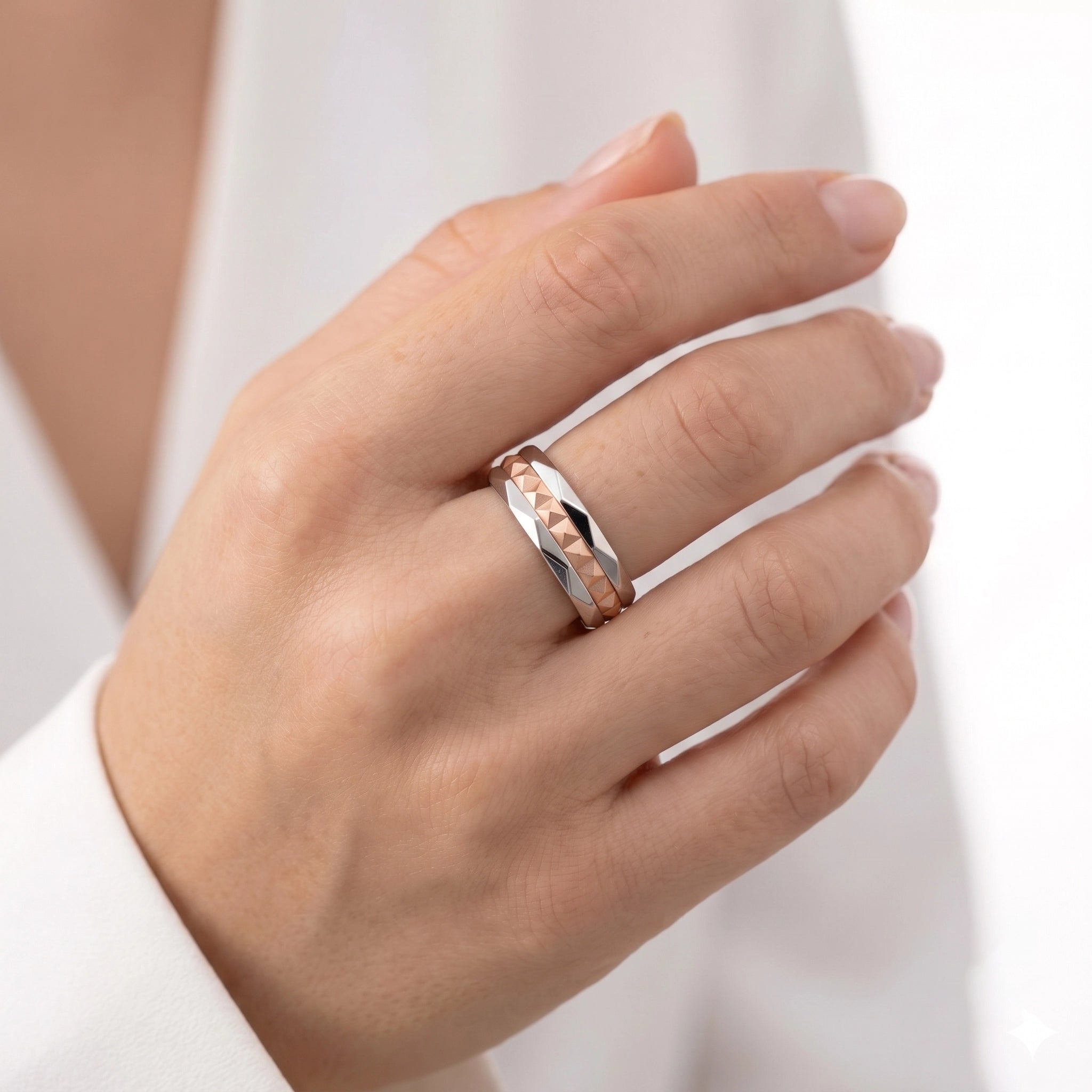 92.5 Silver & Rose Gold Plated Geometric Band Ring Ivanah Silver