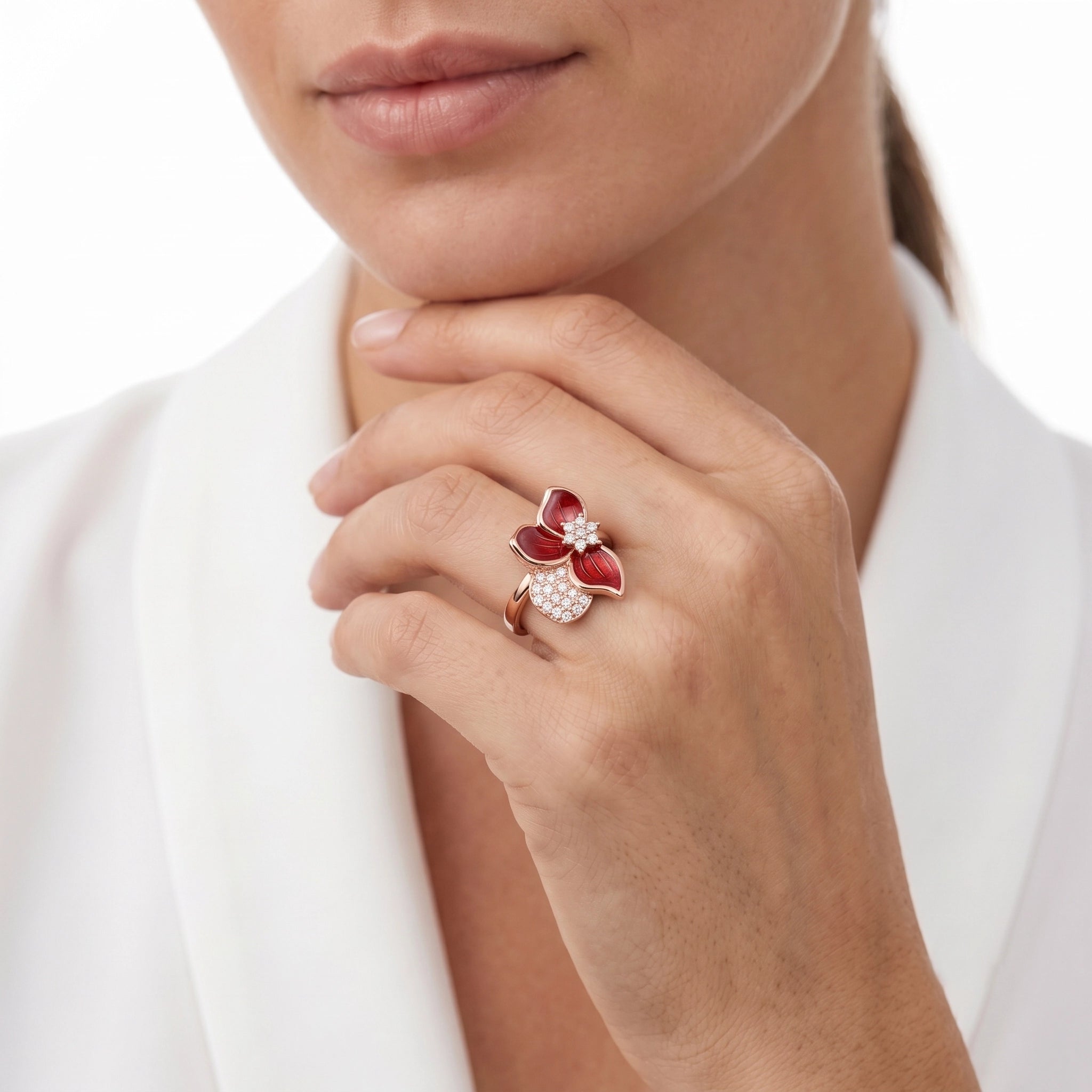 92.5 Silver Rose Gold Plated Red Enamel Flower Ring Ivanah Silver
