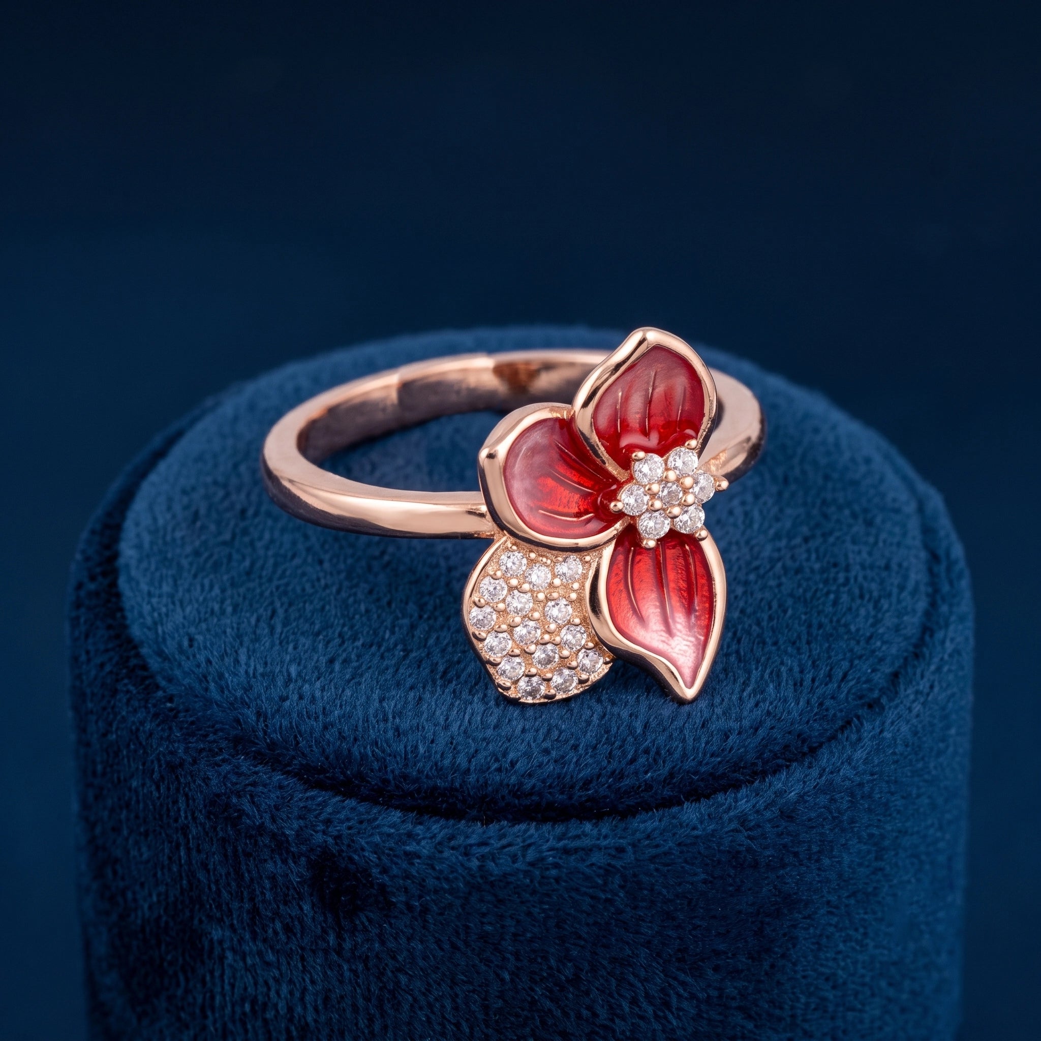 92.5 Silver Rose Gold Plated Red Enamel Flower Ring Ivanah Silver