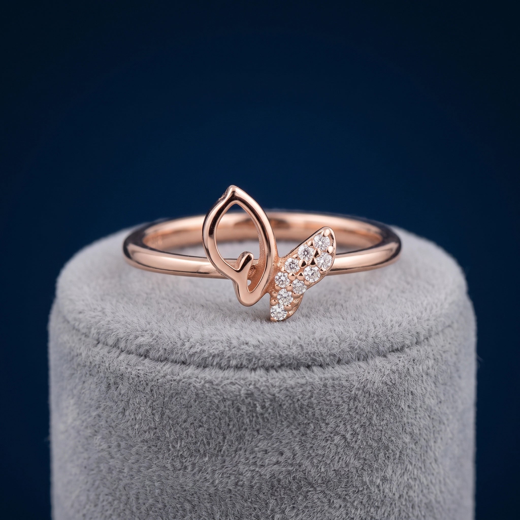 92.5 Silver Rose Gold Plated Sparkling Abstract Butterfly Motif Ring Ivanah Silver
