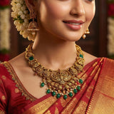 92.5 Silver Gold Plated Antique Peacock & Lakshmi Temple Necklace with Green Stones Ivanah Silver