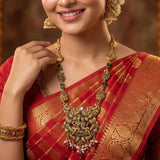 92.5 Silver Gold Plated Antique Necklace with Lord Krishna Pendant & Green Stones Ivanah Silver