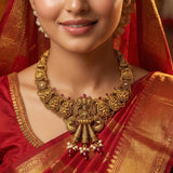 92.5 Silver Gold Plated Lakshmi Temple Necklace with Kemp Stones & Pearls Ivanah Silver
