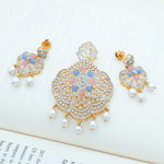 Dazzling 92.5 Sterling Silver Zirconia Gold Polish Pendant With Matching Earrings - Ivanah Silver