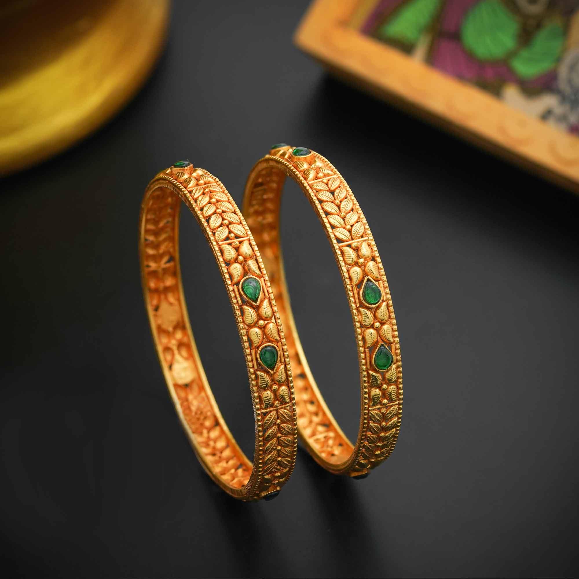 92.5 Silver Pretty Green Bangle With Gold Polish - Ivanah Silver