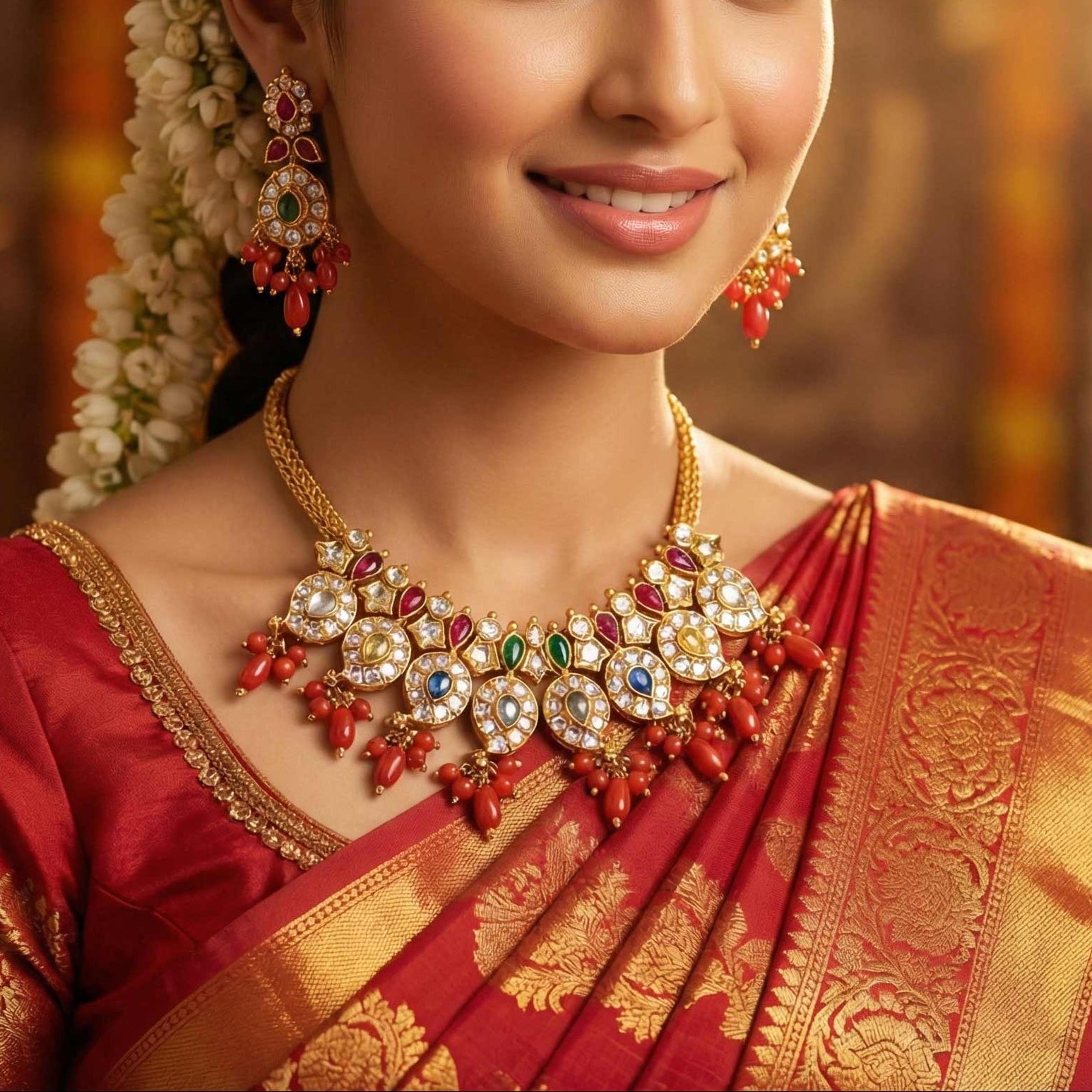 92.5 Silver Floral Pendant Necklace with Coral Beads & Gold Plating Ivanah Silver