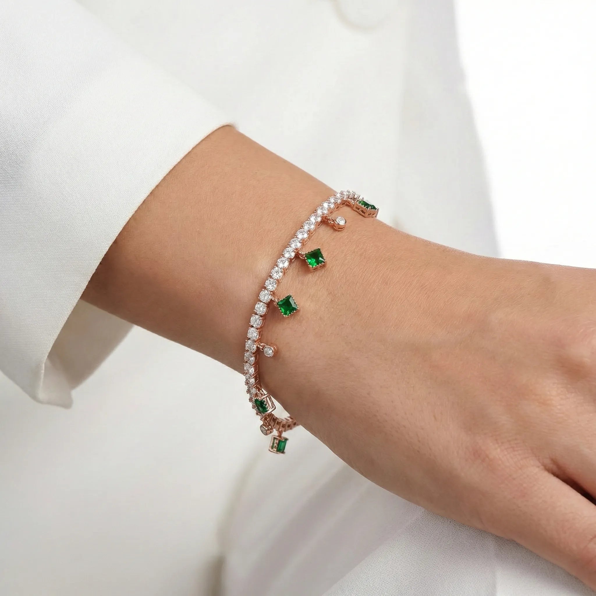 Emerald Glow Dangle Bracelet Ivanah Silver