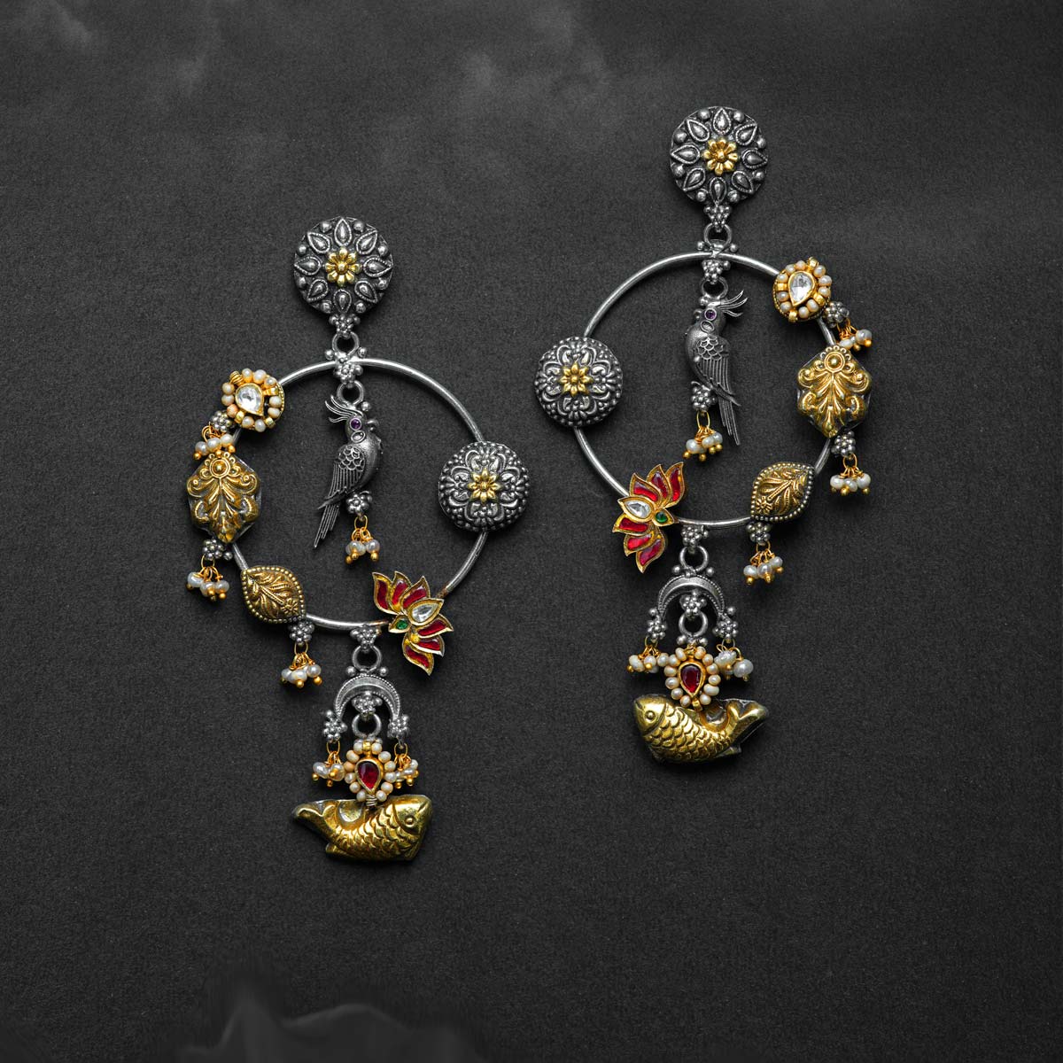 92.5 Silver Dual-Tone Hoop Earrings with Parrot, Lotus & Fish Motifs Ivanah Silver