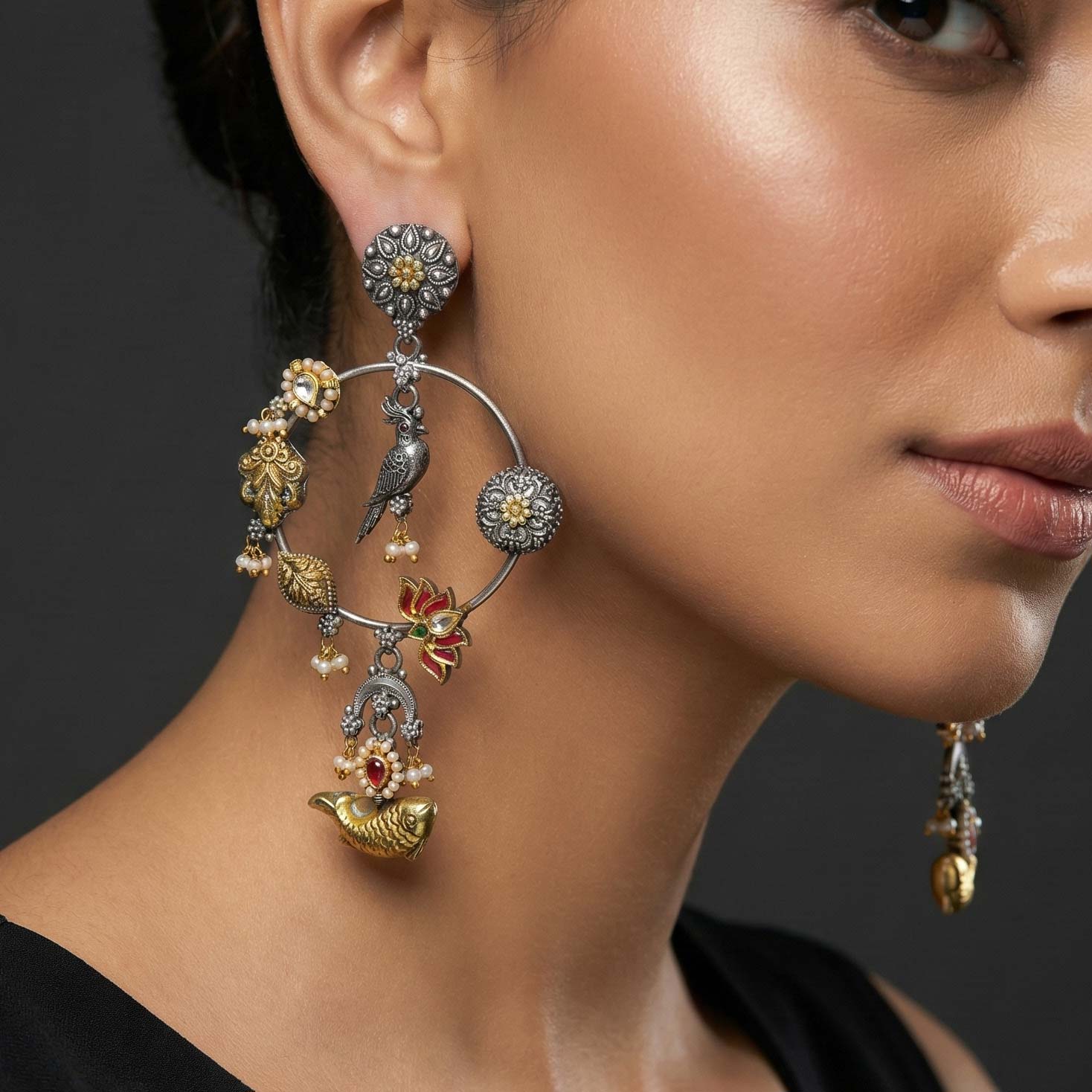 92.5 Silver Dual-Tone Hoop Earrings with Parrot, Lotus & Fish Motifs Ivanah Silver