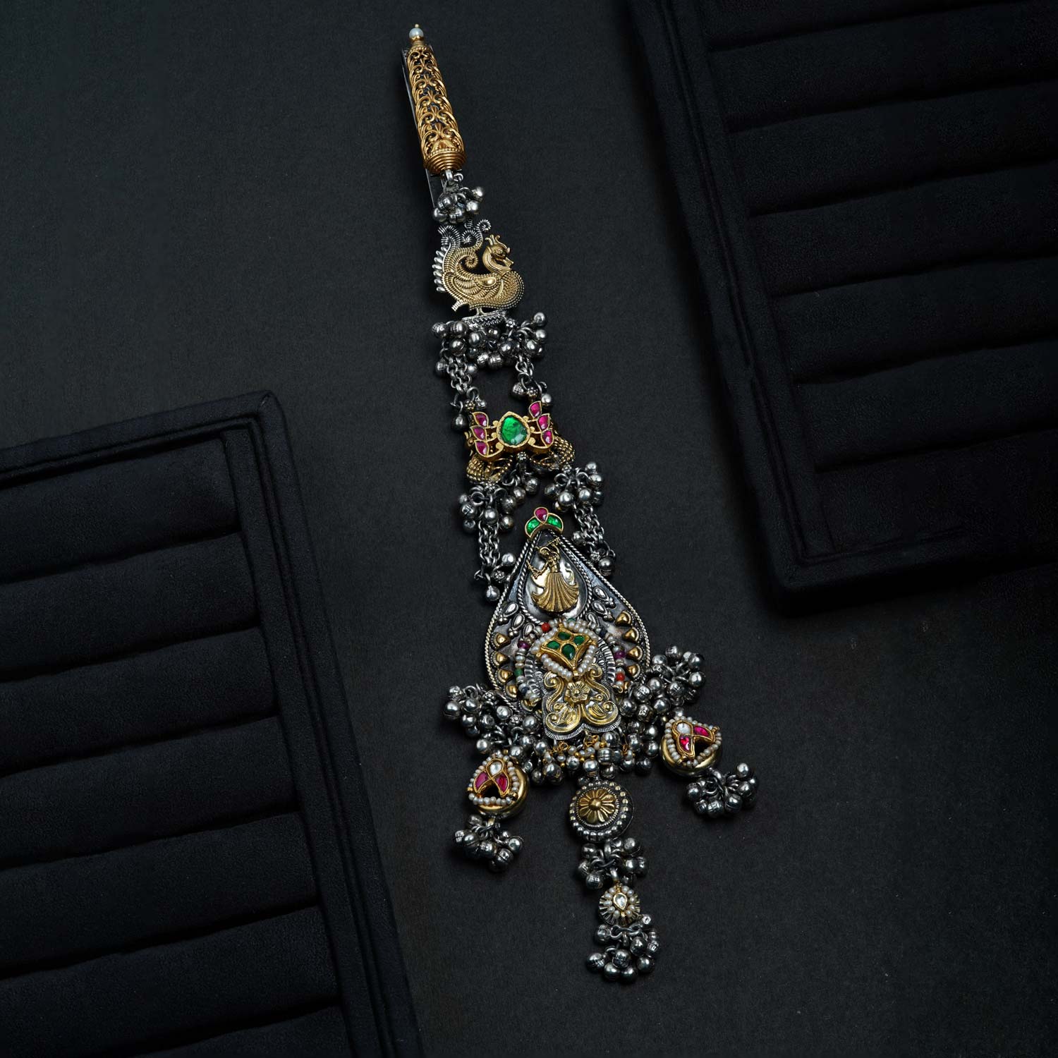 92.5 Silver Antique Finish Peacock Hip Key Chain (Chalavi) with Kemp Stones Ivanah Silver