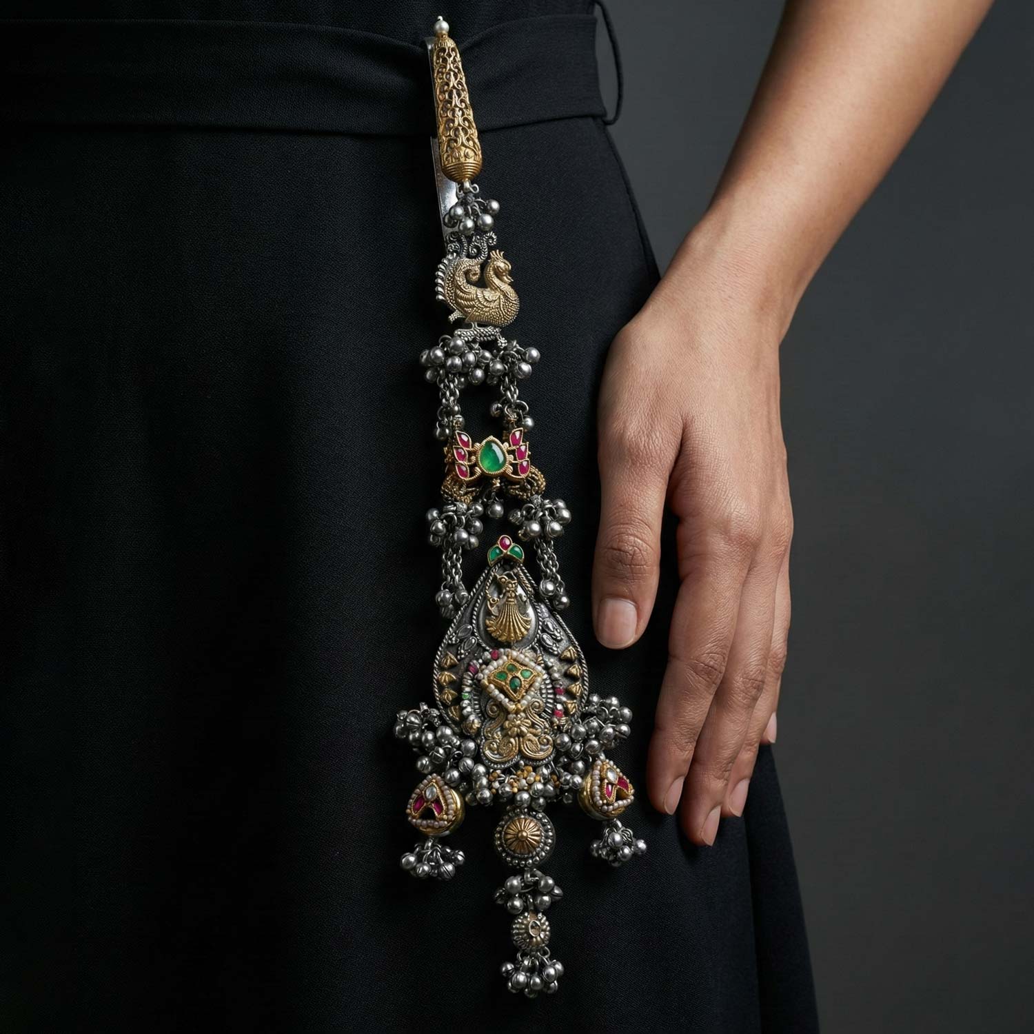 92.5 Silver Antique Finish Peacock Hip Key Chain (Chalavi) with Kemp Stones Ivanah Silver