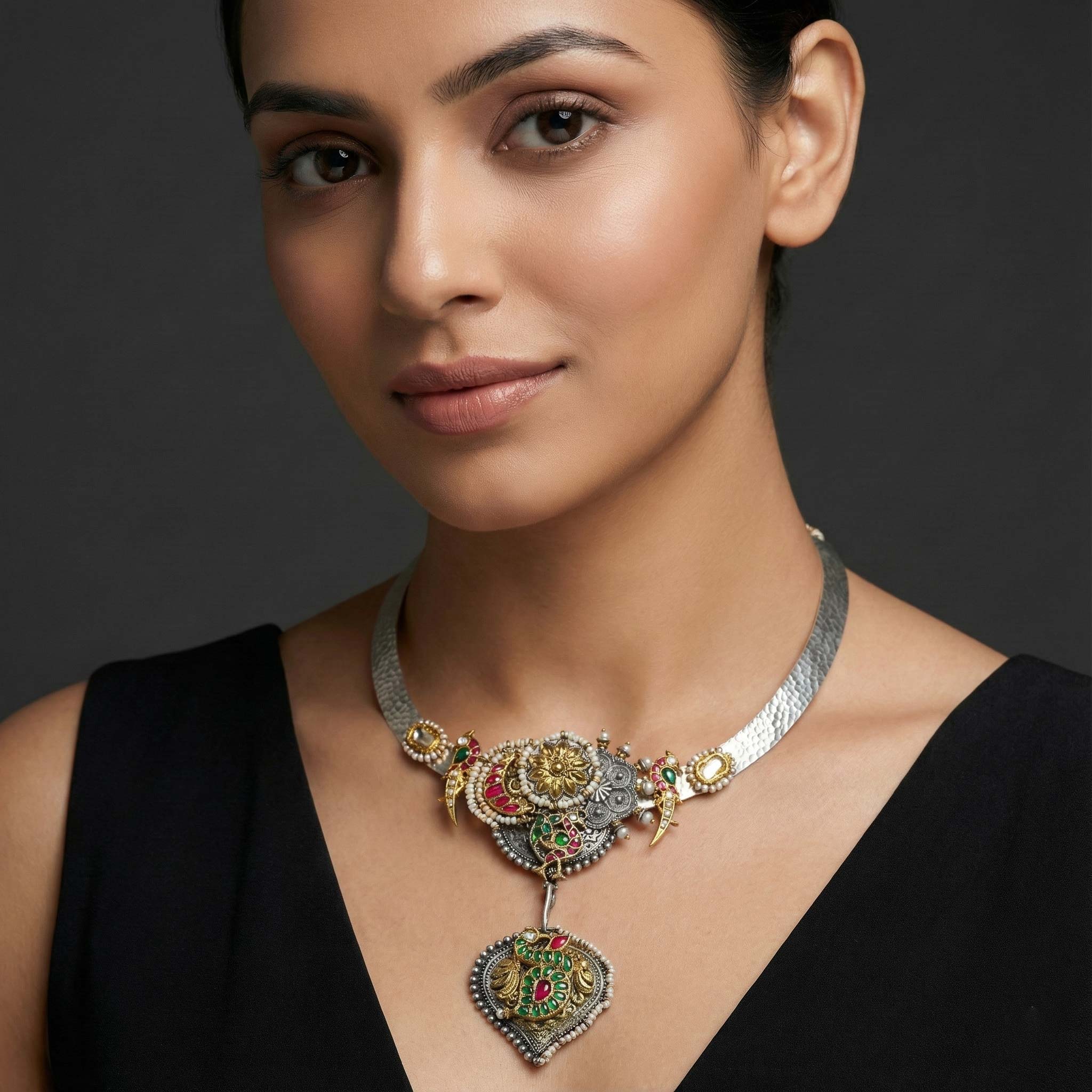 92.5 Silver Peacock Hasli Necklace with Kemp Stones & Pearls Ivanah Silver