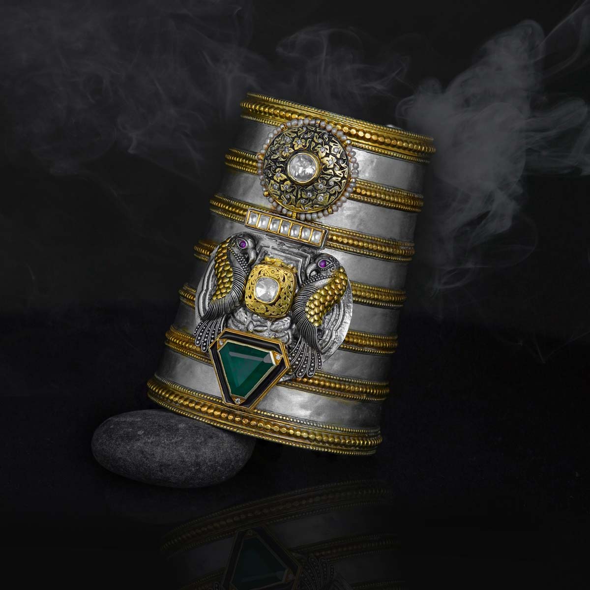 92.5 Silver Dual-Tone Statement Kada with Green Onyx & Bird Motifs Ivanah Silver