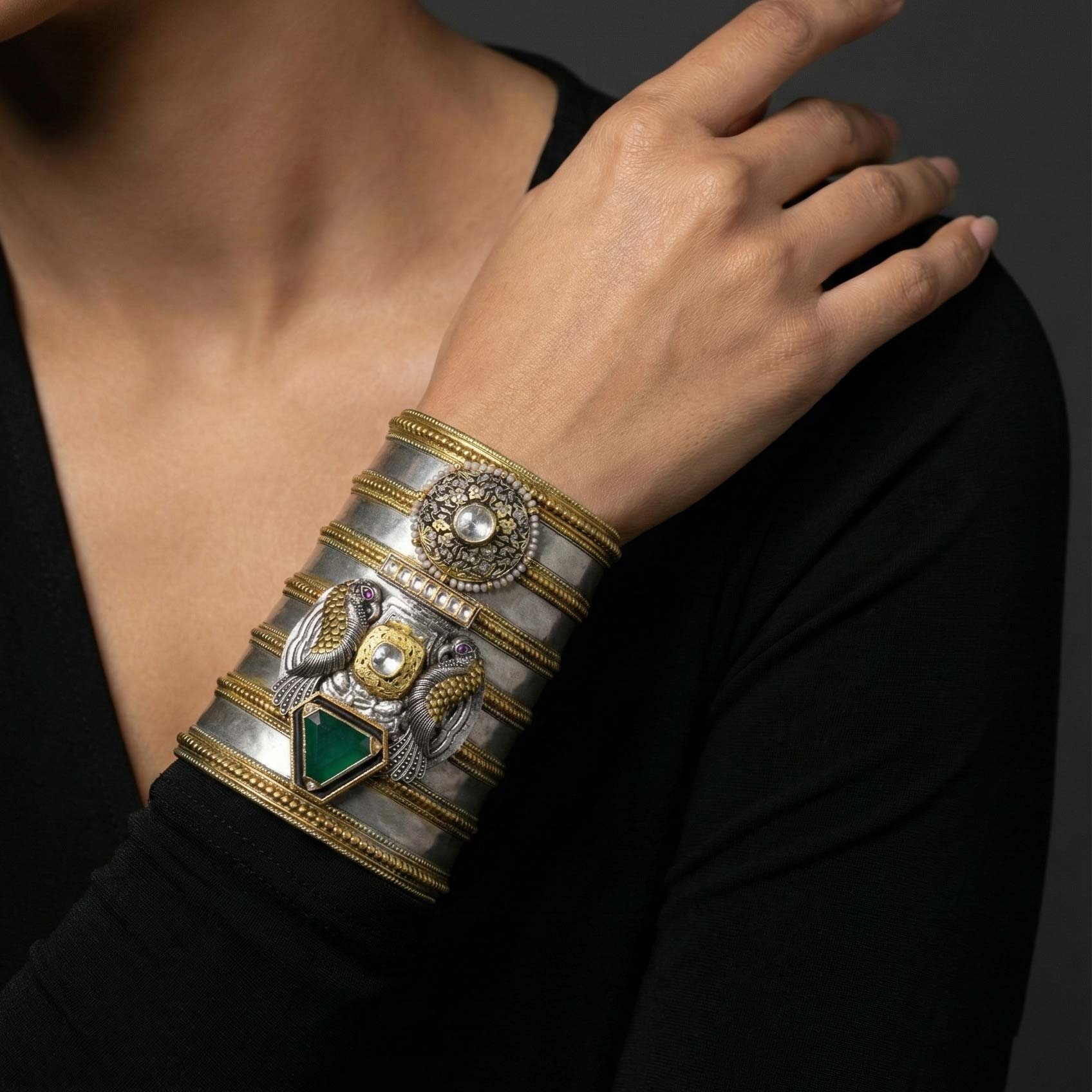 92.5 Silver Dual-Tone Statement Kada with Green Onyx & Bird Motifs Ivanah Silver