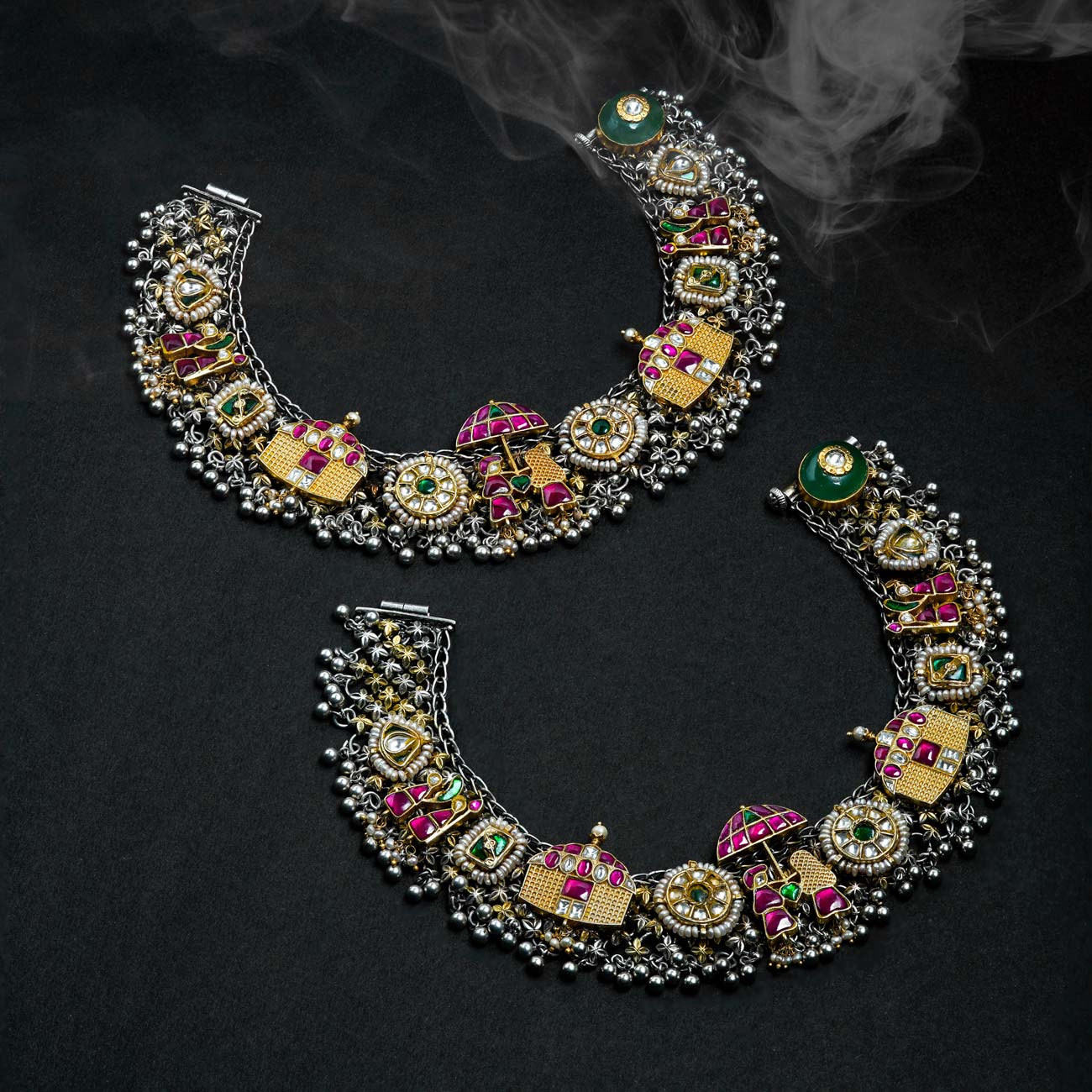 92.5 Sterling Silver Temple Chariot Anklets with Kundan Kemp Stones & Pearls Ivanah Silver