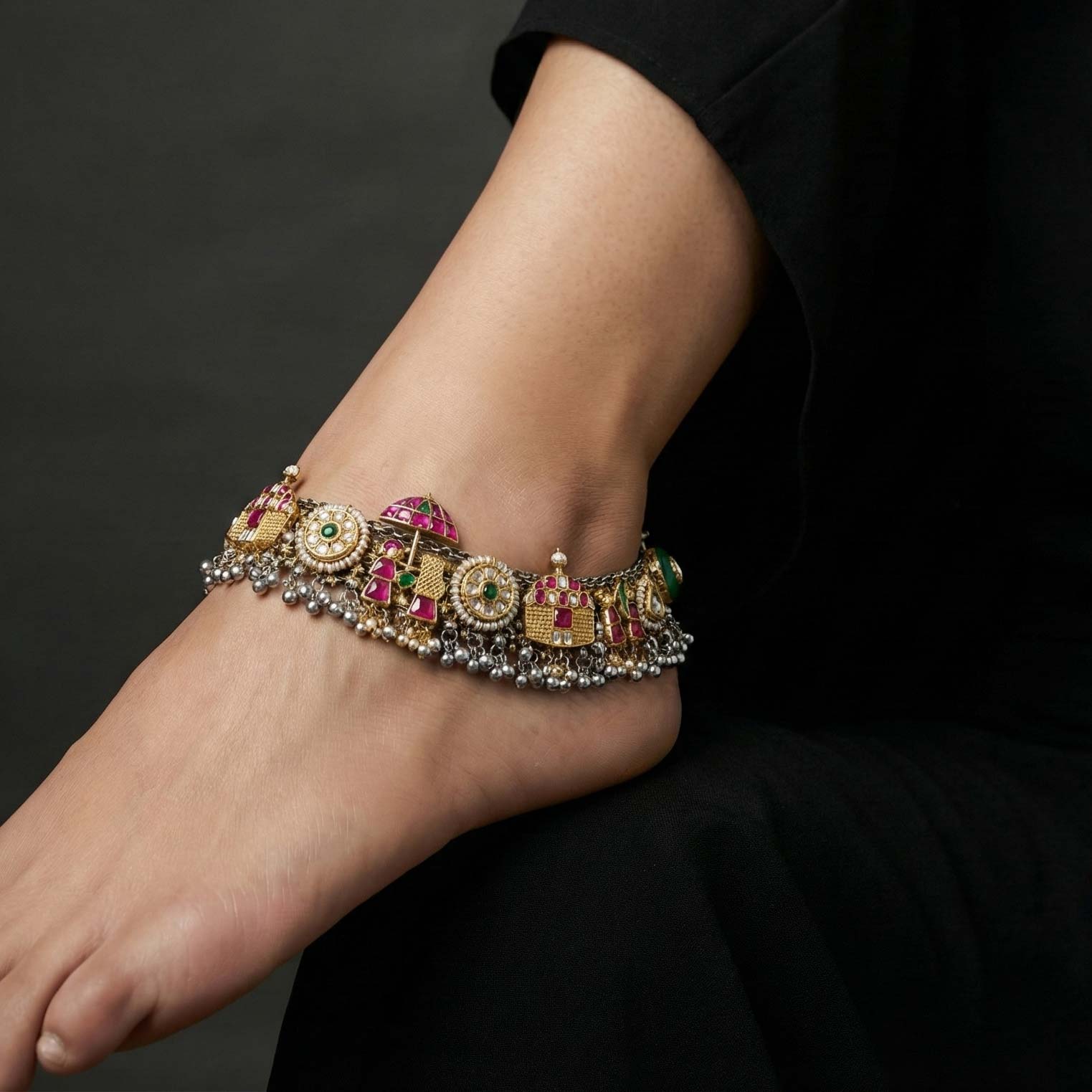 92.5 Sterling Silver Temple Chariot Anklets with Kundan Kemp Stones & Pearls Ivanah Silver