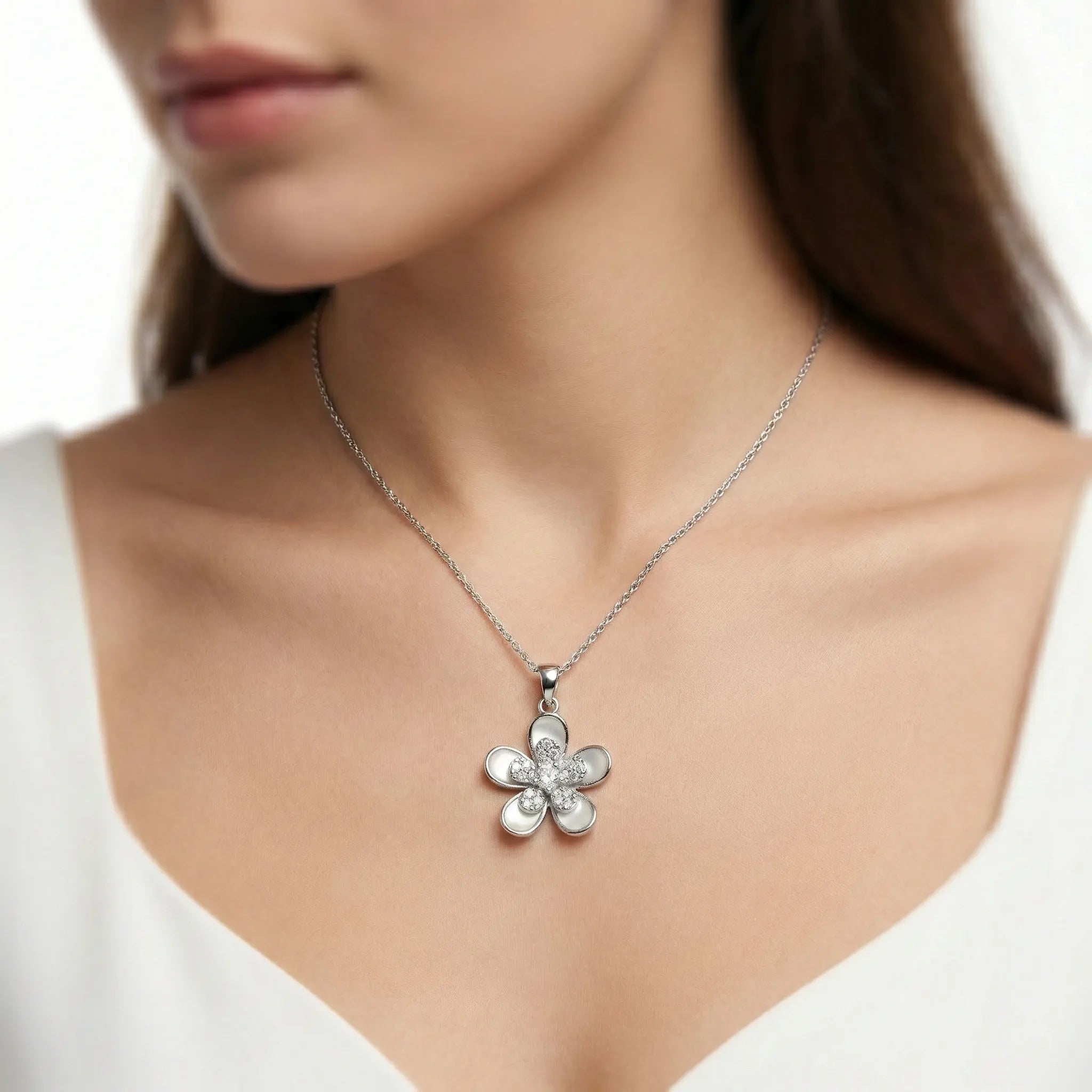 Blooming Grace" Necklace – 92.5 Silver Flower Pendant with White Inlay Ivanah Silver
