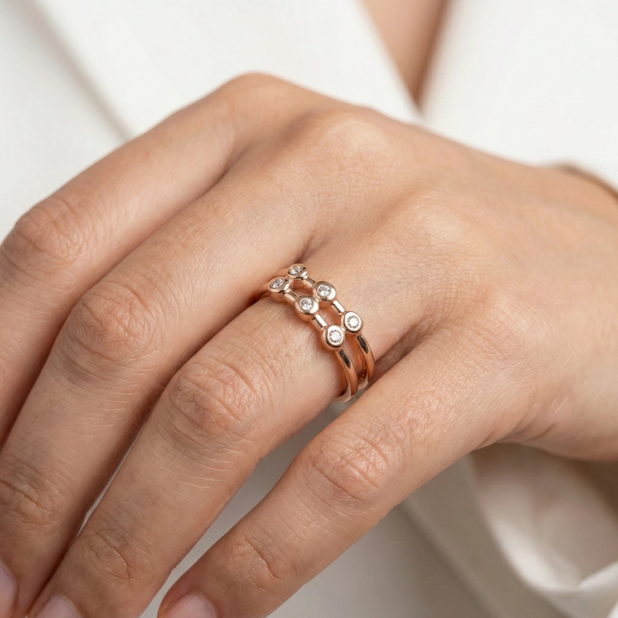 92.5 Silver Rose Gold Dual Heart Connector Ring with CZ Bridge Ivanah Silver