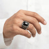 92.5 Sterling Silver Men's Statement Ring with Faceted Black Stone & Antique Fini Ivanah Silver