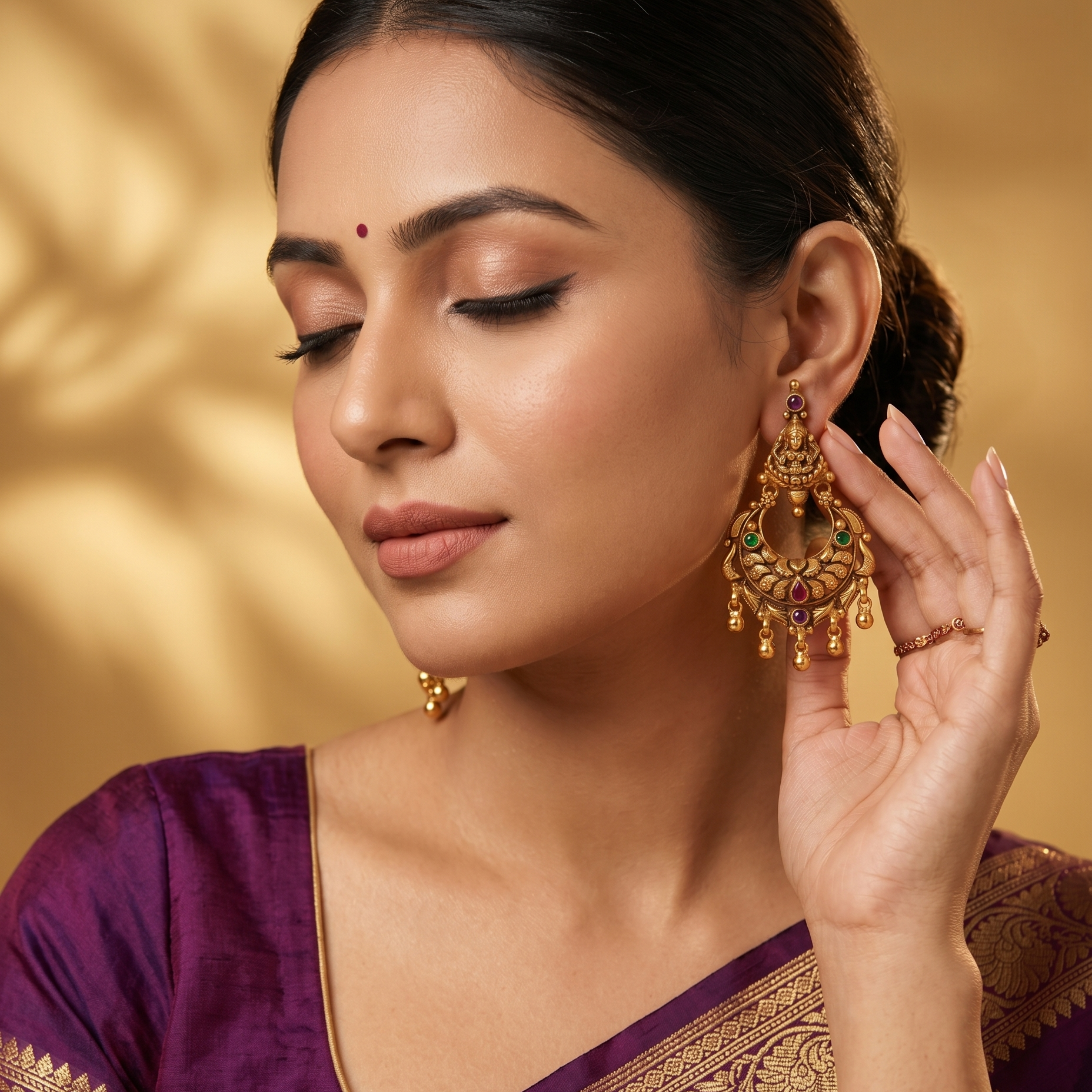 Antique Gold Goddess Lakshmi Chandbali Earrings with Ruby, Emerald & Ghungroo Drops Ivanah Silver