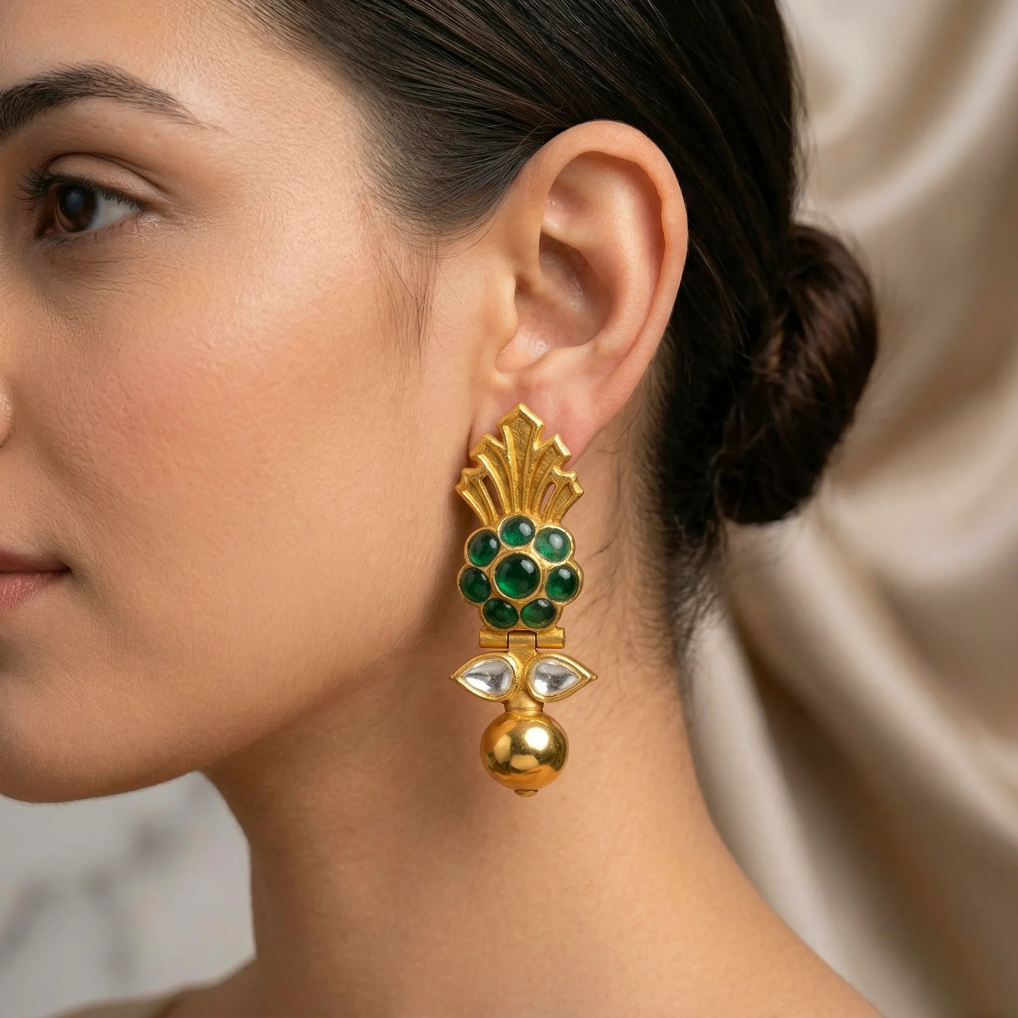 92.5 Gold-Plated Antique Silver Floral Emerald Drop Earring Ivanah Silver