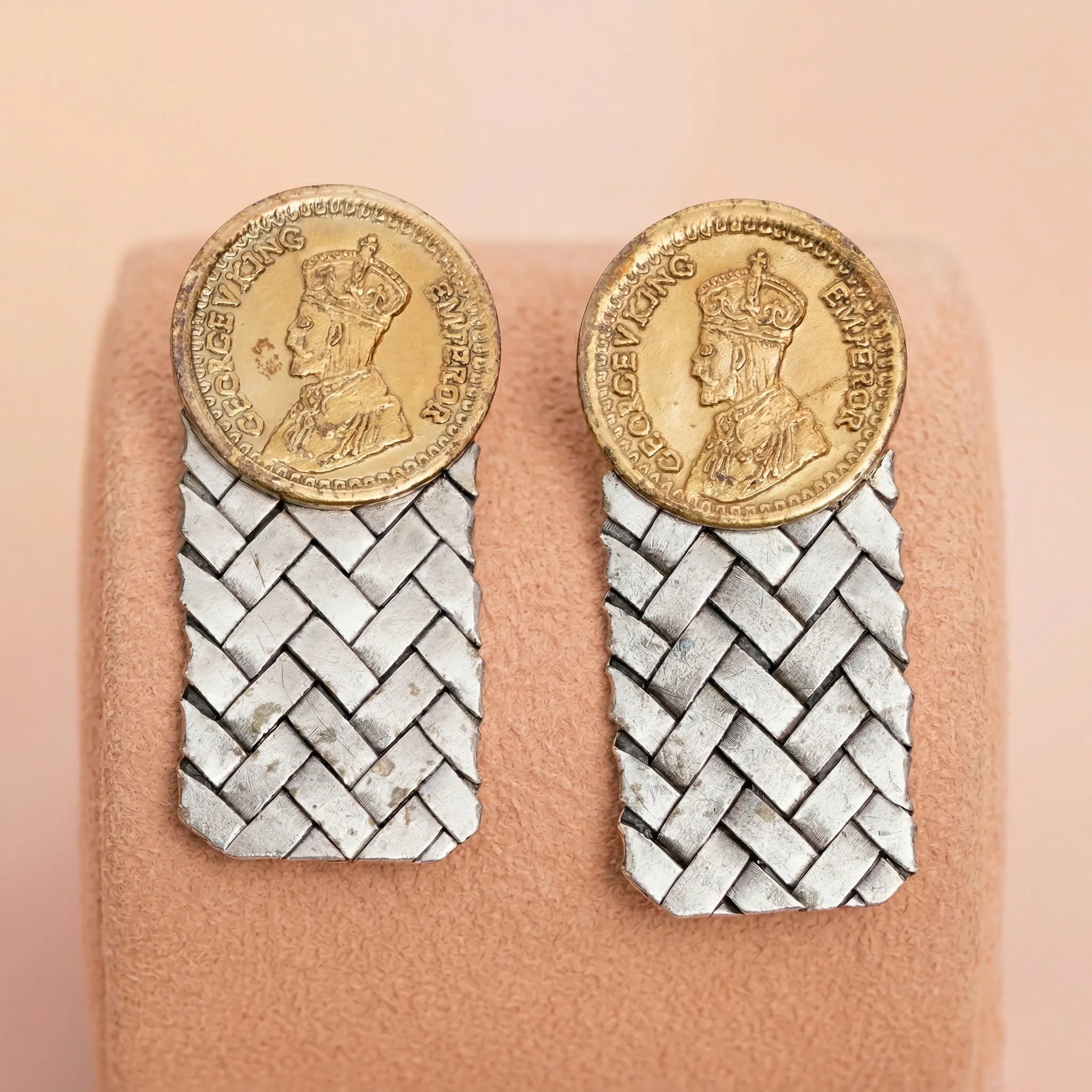 Two-Tone 92.5 Silver Vintage Coin & Woven Drop Stud Ivanah Silver