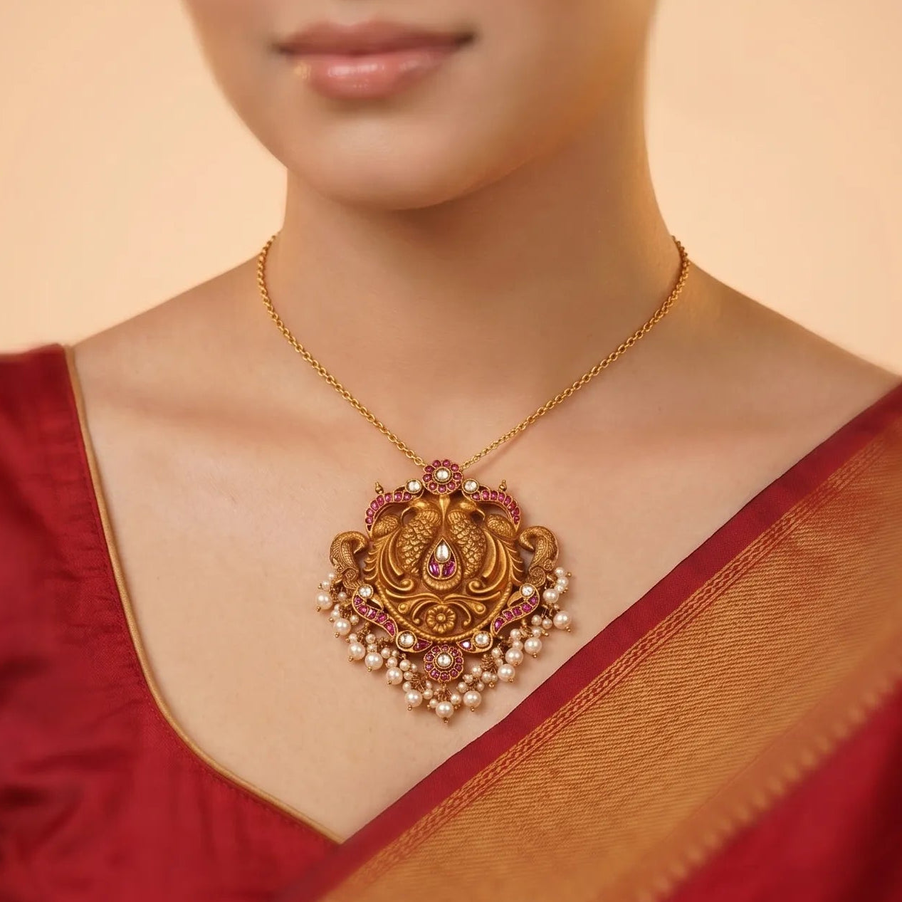 92.5 Silver Gold-Plated Twin Peacock Temple Pendant Ivanah Silver