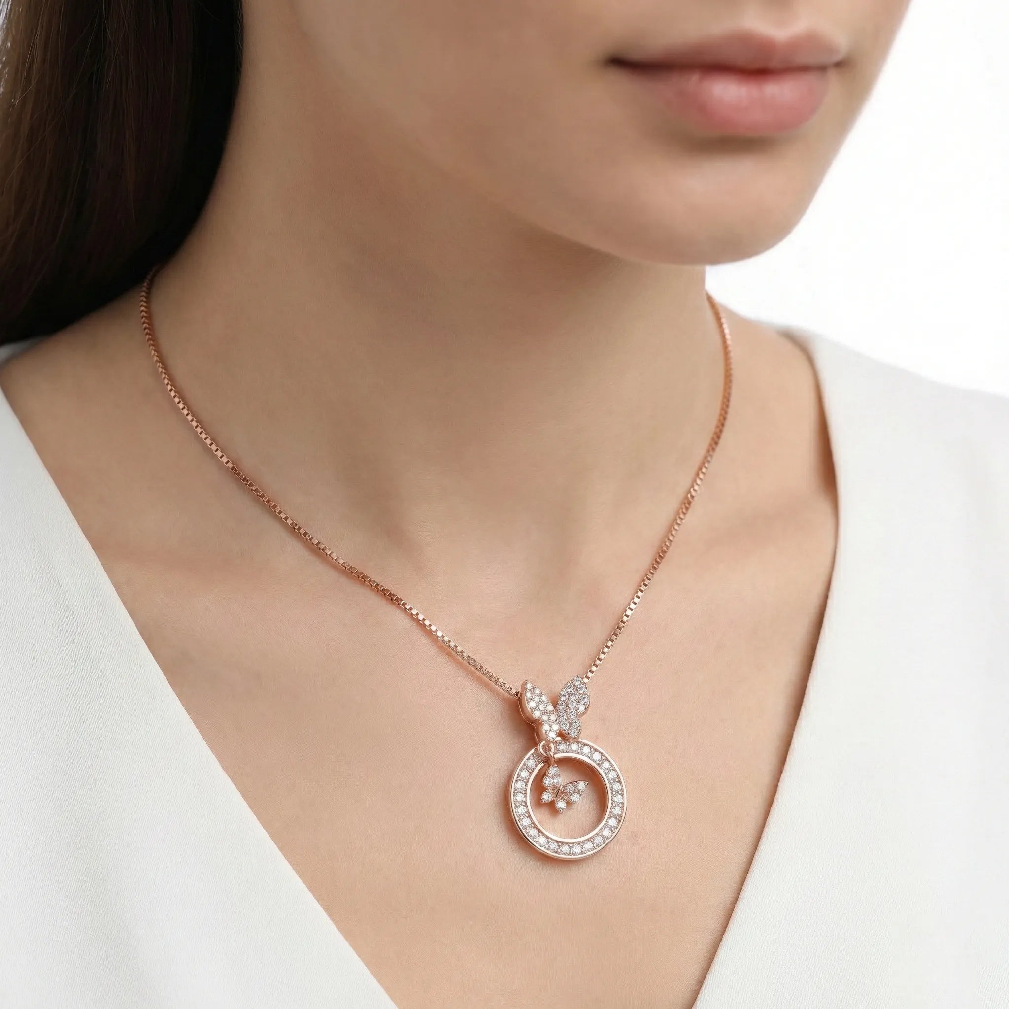 92.5 Rose Gold Double Butterfly Circle Chain with Pendant Ivanah Silver
