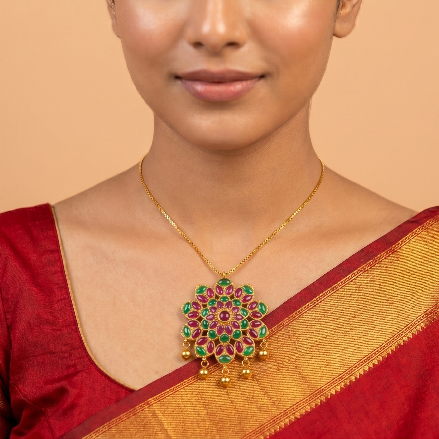 92.5 Gold Plated Silver Ruby & Emerald Floral Pendant Ivanah Silver
