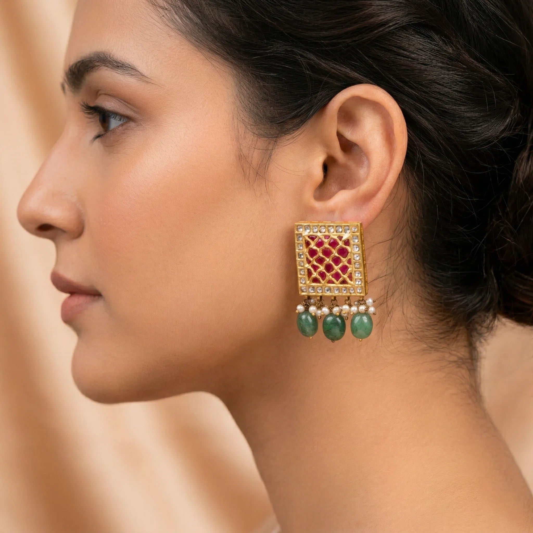 92.5 Silver Square Kundan Earrings with Emerald Bead Drops Ivanah Silver