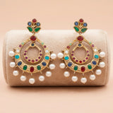 92.5 Gold Platwsd Multicolor Gemstone & Pearl Chandbali Earring Ivanah Silver