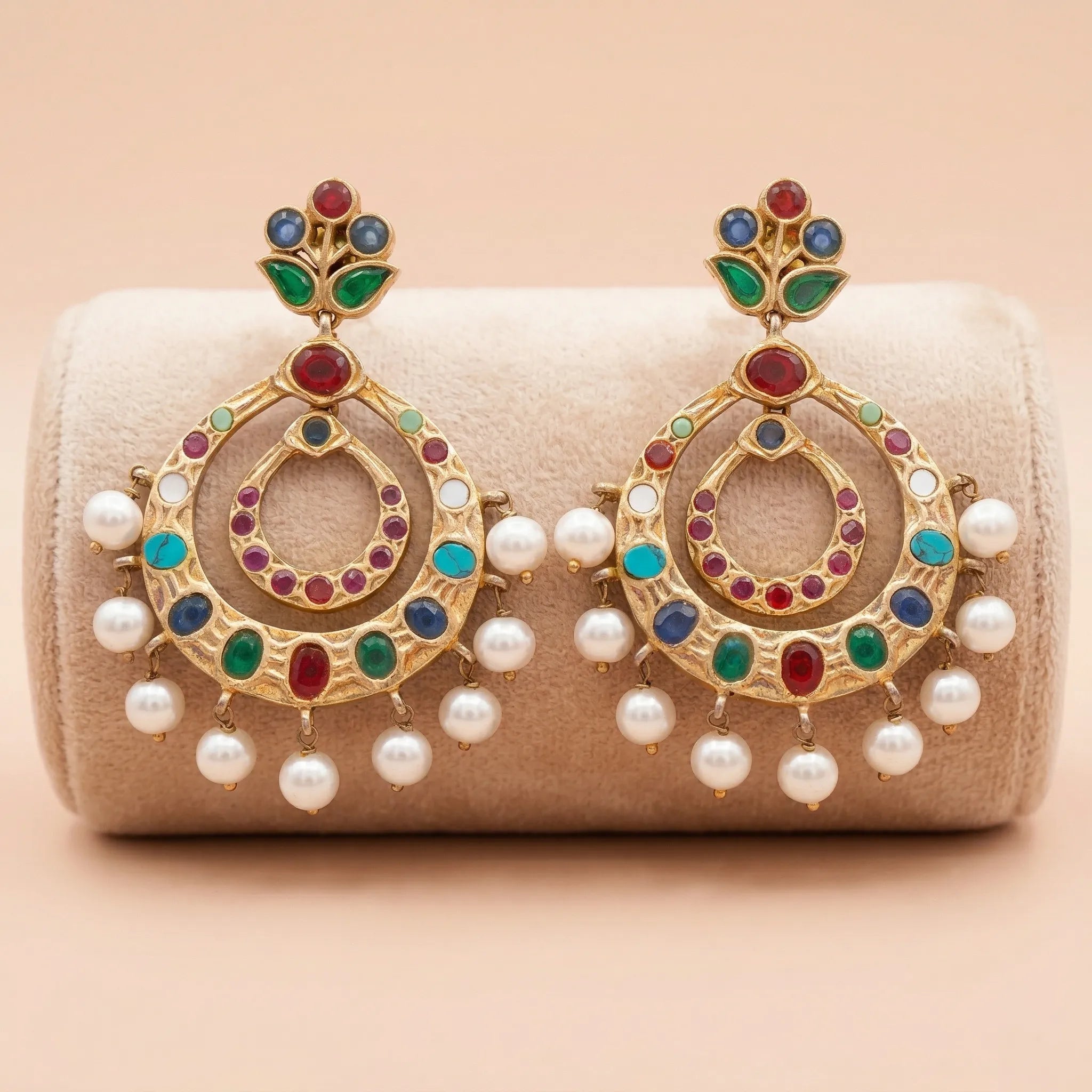 92.5 Gold Platwsd Multicolor Gemstone & Pearl Chandbali Earring Ivanah Silver