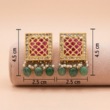 92.5 Silver Square Kundan Earrings with Emerald Bead Drops Ivanah Silver