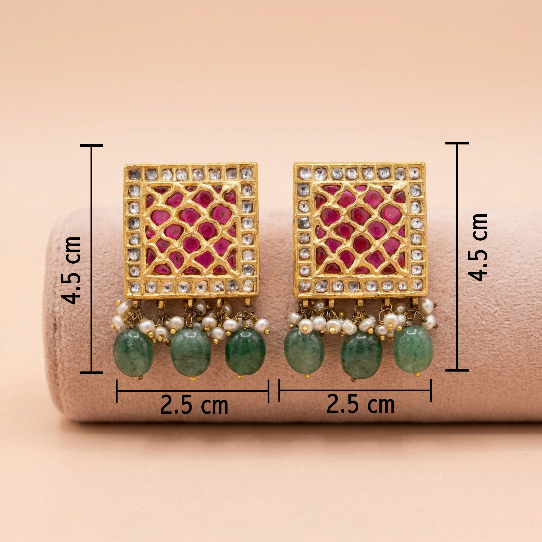 92.5 Silver Square Kundan Earrings with Emerald Bead Drops Ivanah Silver