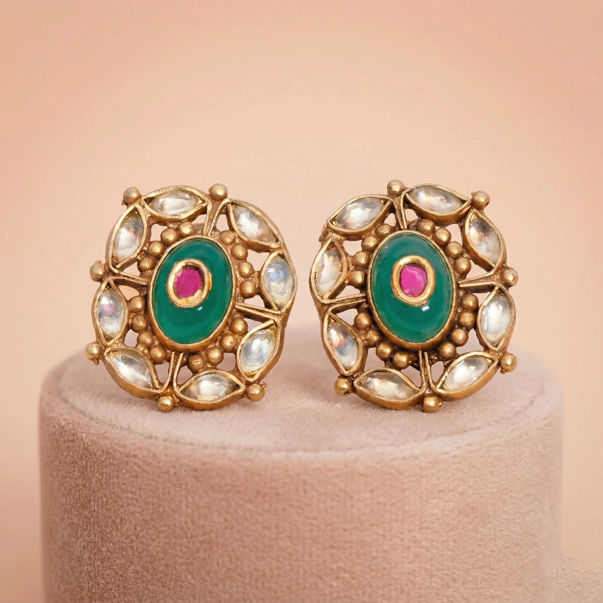 92.5 Silver Gold-Plated Antique Green & Pink Cluster Stud Ivanah Silver