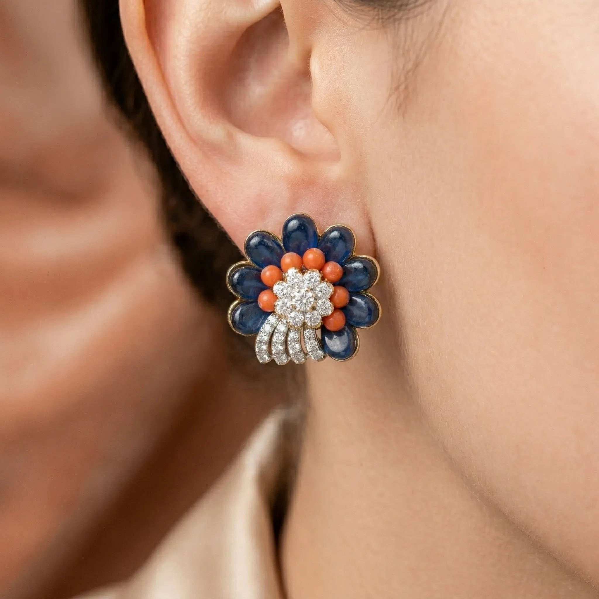92.5 Silver Gold-Plated Blue & Coral Floral Studs Ivanah Silver