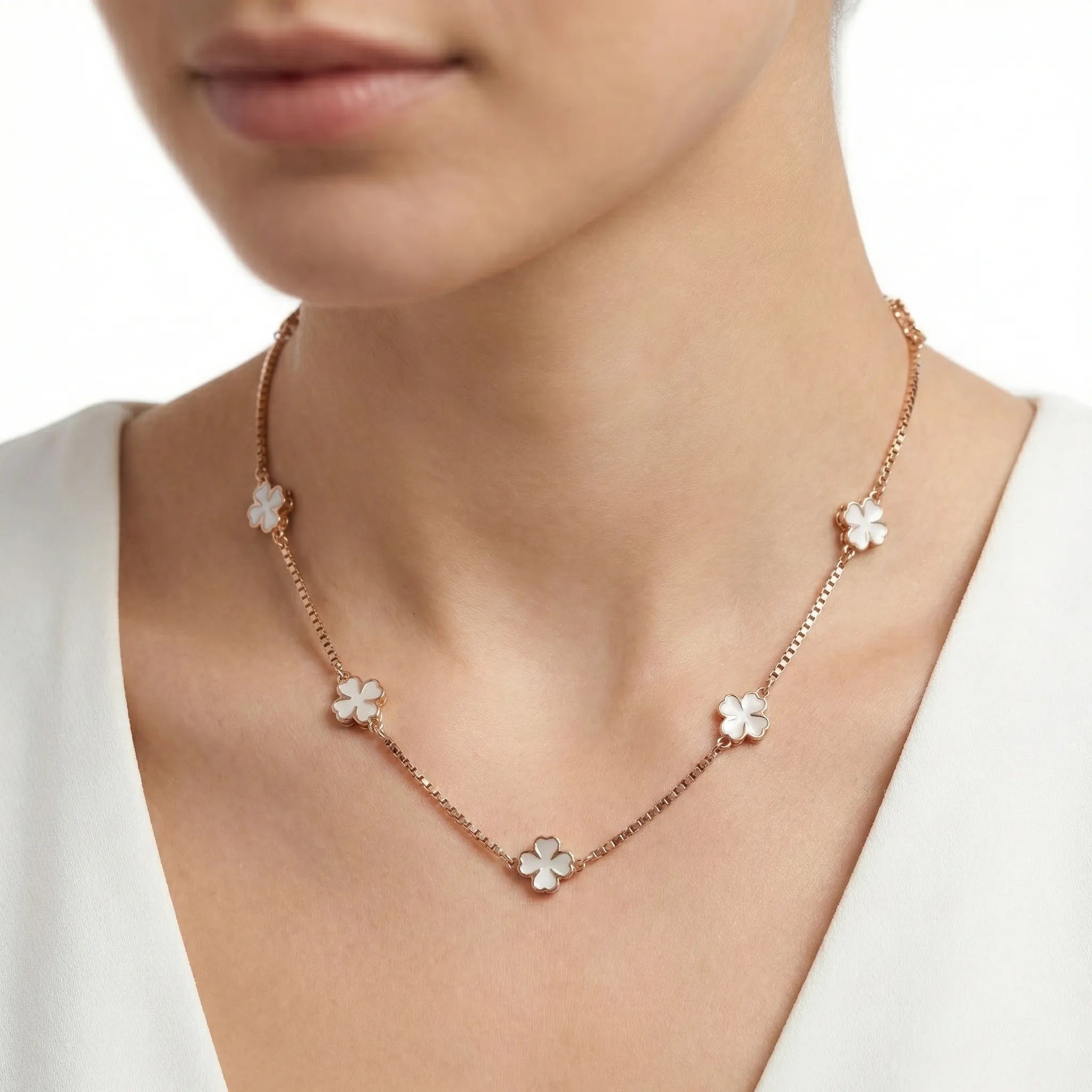92.5 Silver Rose Gold Plated Clover Charm Chain Ivanah Silver