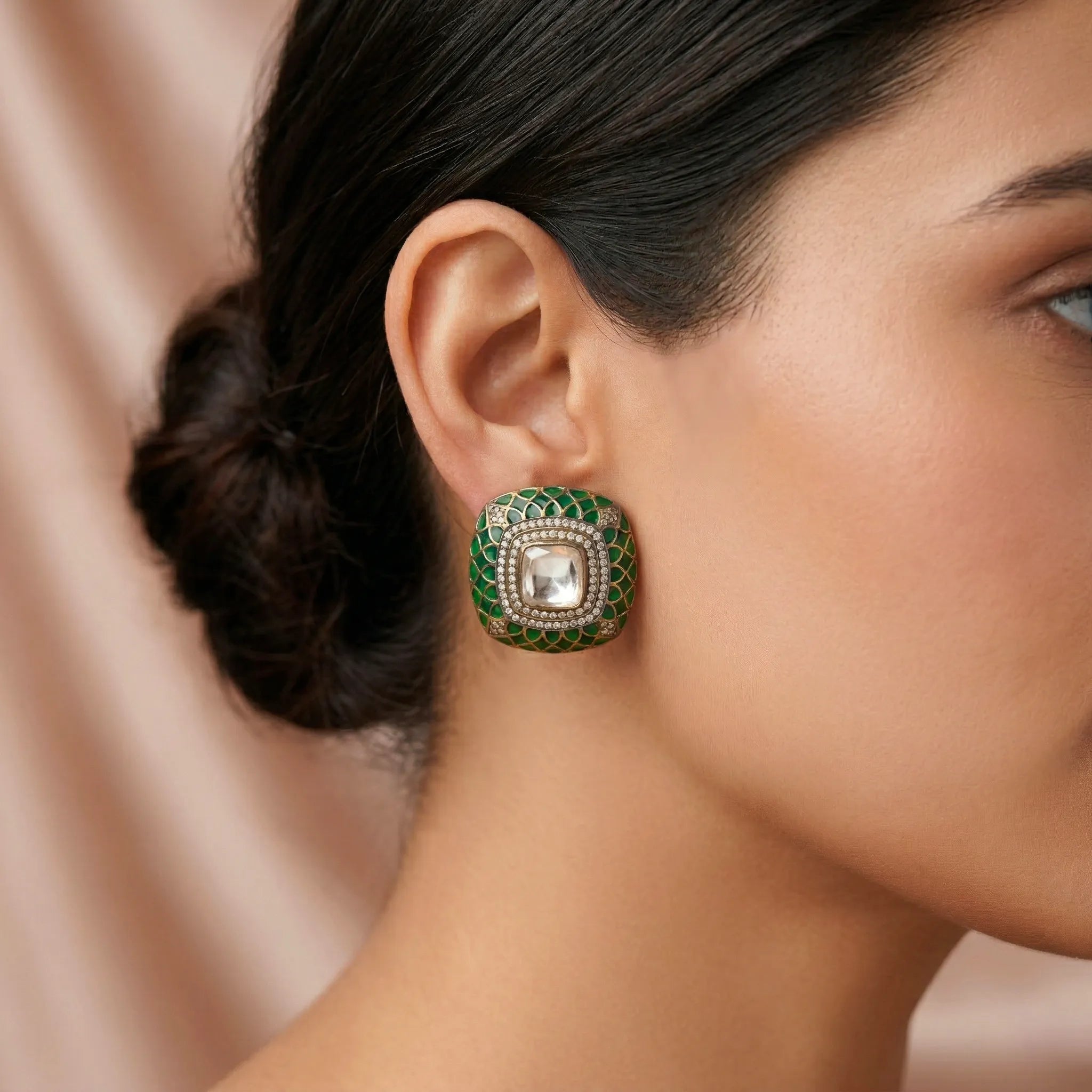 92.5 Silver Green Enamel Polki Stud Ivanah Silver