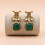 92.5 Silver Gold-Plated Carved Green Stone Drop Dangler Ivanah Silver